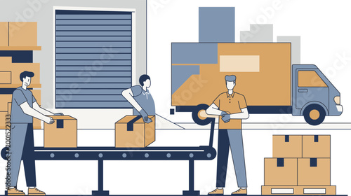 Workers loading boxes onto a conveyor belt in a warehouse for delivery by truck