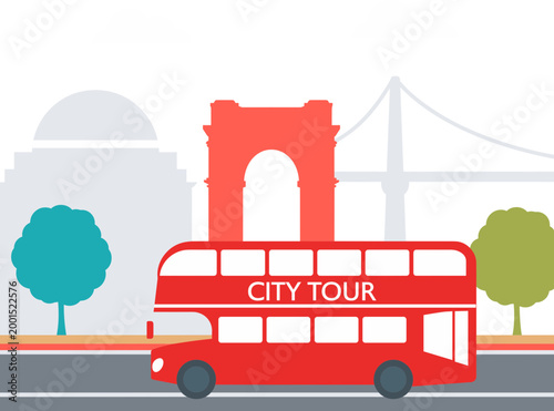 A red double-decker bus drives past historic landmarks on a city tour