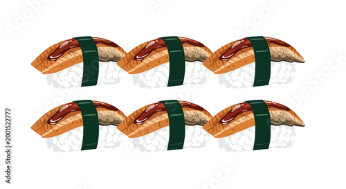 Grilled Unagi Nigiri Sushi Vector Illustration Set, Japanese Cuisine Eel with Rice and Nori Seaweed