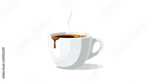 Hot Fresh Black Coffee in White Ceramic Cup with Steam and Drip Vector Illustration