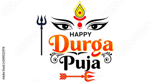 Happy durga puja festival greeting with trident and face PNG isolated on transparent background