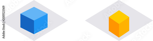 Simple blue and yellow isometric cubes placed on gray translucent diamond platforms over white illustration