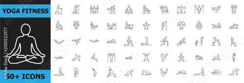 Yoga fitness icon set with over 50 outlined exercise poses editable stroke collection