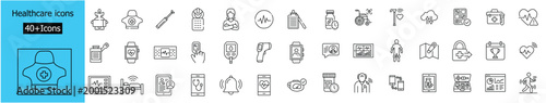 Healthcare and medical icon set with thin line style symbols heartrate blood pressure temprature measuring devices care and fitness