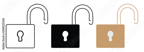 Set of three open padlock icons in outline solid and colors