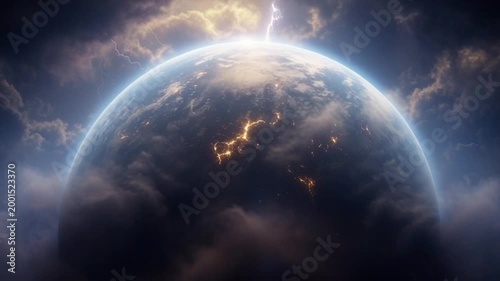 dramatic earth from space with lightning storm and aurora glow