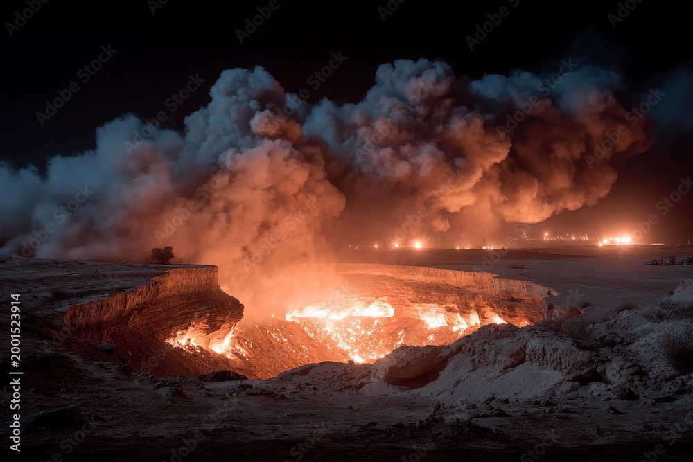 Fototapeta premium Massive wildfire burning intensely across a dry landscape at night, casting dramatic orange and red smoke.