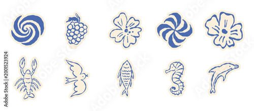 Vector hand drawn sketch doodle illustrations in naive art style, summer sea and beach vacation theme, stickers and drawing for  tropical coastal prints, posters and banners