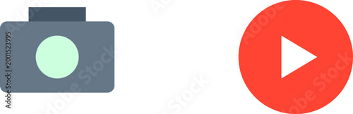 Minimalist flat icons of a gray digital camera and a red round video play illustration