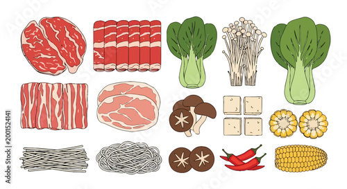 Flat Vector Illustration of Assorted Raw Hot Pot Ingredients Including Sliced Beef Pork Bok Choy Mushrooms Tofu Corn and Noodles