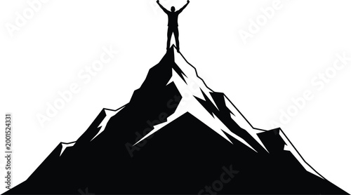 Person Standing on Top of Snowy Mountain Peak in Black Silhouette