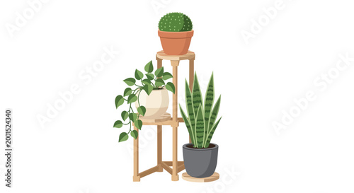 Modern Wooden Tiered Plant Stand with Potted Indoor Houseplants Including Snake Plant and Cactus Vector Illustration