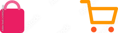 Flat minimalist pink shopping bag and orange retail cart icons set on white background illustration