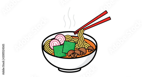 Delicious Japanese Ramen Noodle Soup in Bowl with Chopsticks Vector Illustration