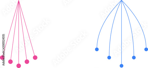 Pink and blue kinetic pendulum motion diagrams showing swing paths on a plain white illustration