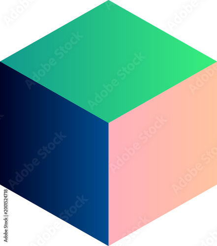 Minimalist isometric cube with green pink and blue color gradient faces on white background illustration