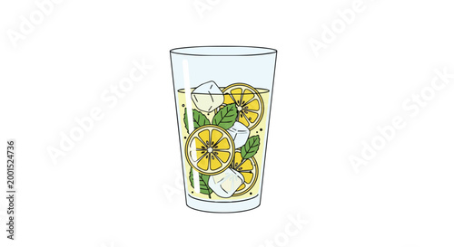 Refreshing Glass of Cold Lemonade with Slices of Lemon Ice Cubes and Fresh Mint Leaves Vector Illustration