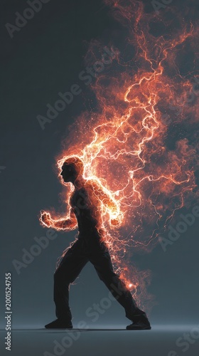 Dynamic silhouette of a running man made of fiery energy and lightning on dark background, powerful motion concept with copy space.