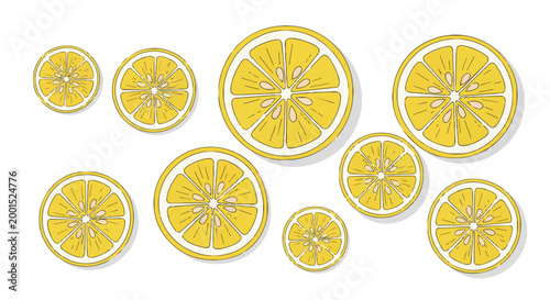 Fresh Yellow Lemon Slices Vector Illustration Set Hand Drawn Citrus Fruit Rounds Isolated on White Background