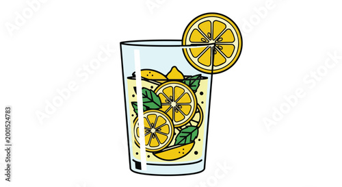 Fresh Lemonade with Lemon Slices and Mint Leaves in Glass Vector Illustration
