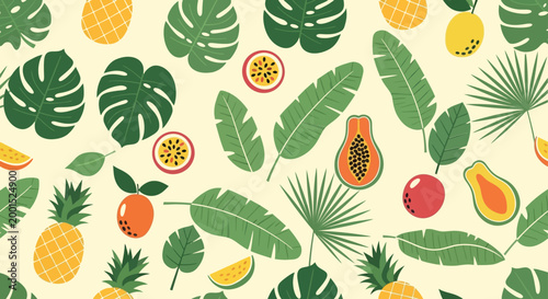 Vibrant tropical summer pattern with exotic fruits and lush green leaves, perfect for textile design, wallpapers, and beach-themed backgrounds