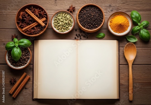 Open cookbook with spices and herbs on wooden table
