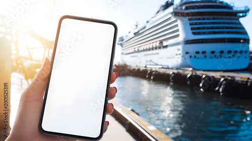 A smartphone mockup with a blank screen against the backdrop of a cruise ship in the harbor – a mobile app presentation, travel booking, and tourism