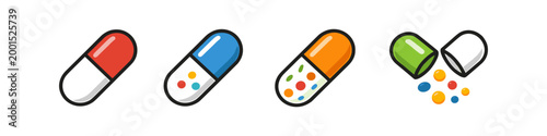 Set of colorful medicine capsules and pills, representing health and treatment options