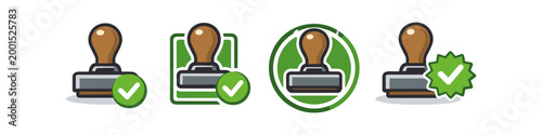 Collection of four approved rubber stamps with green checkmarks and borders