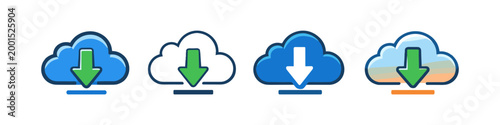Set of cloud download icons with arrows pointing down to a line