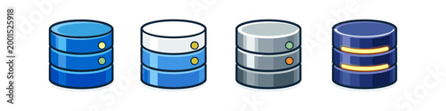 Set of four database icons in different colors and styles representing data storage and management