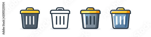 Collection of four different trash can icons with yellow lids and varied designs