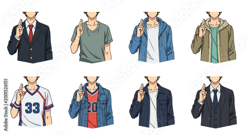 Collection of anime-style male characters in diverse outfits pointing upwards with index finger, showcasing distinct clothing.