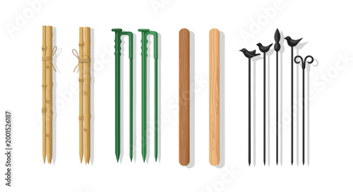 Garden Plant Stakes and Supports Set Vector Illustration with Bamboo Plastic and Decorative Metal Rods for Climbing Plants and Flowers