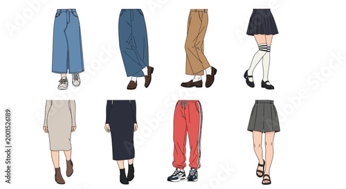A variety of stylish female clothing options including denim skirts trousers pleated skirts and comfortable sweatpants for modern daily fashion