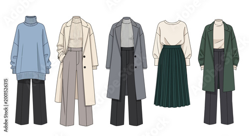 Fashionable collection of five modern women outfits featuring elegant coats and sweaters displayed in a clean professional flat lay style