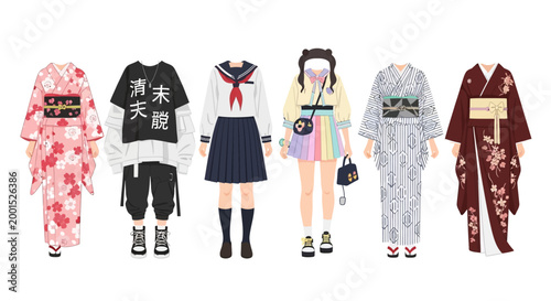 Six diverse fashion outfits for women featuring traditional japanese kimonos and trendy modern street clothing styles for young female characters