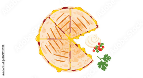 Grilled Mexican Quesadilla Slices with Sour Cream Salsa and Cilantro Vector Illustration