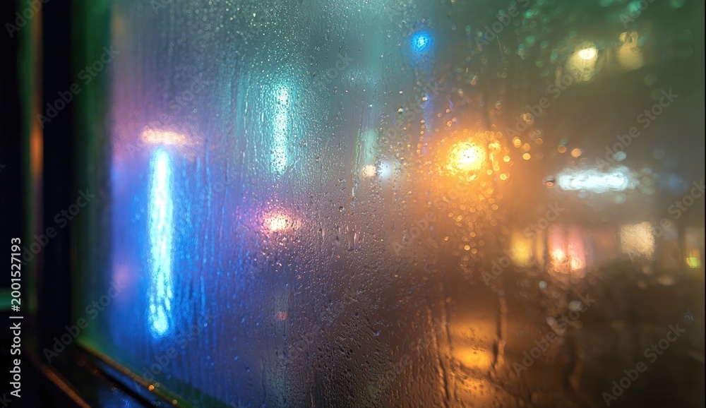 Naklejka premium Steamy window blurs vibrant city lights reflected on wet pavement at night