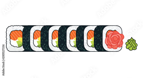 Japanese Sushi Maki Roll Set with Fresh Salmon Avocado Ginger and Wasabi Vector Illustration