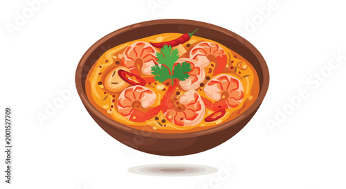 Spicy Thai Shrimp Soup with Chili and Cilantro in a Wooden Bowl Vector Illustration