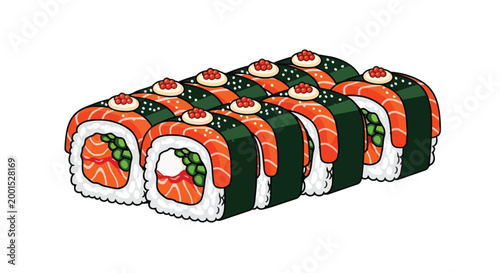 Fresh Salmon Sushi Roll Set with Rice and Seaweed Japanese Cuisine Vector Illustration