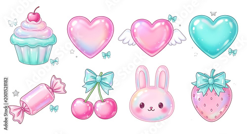Cute pastel icons of sweets and hearts PNG isolated on transparent background