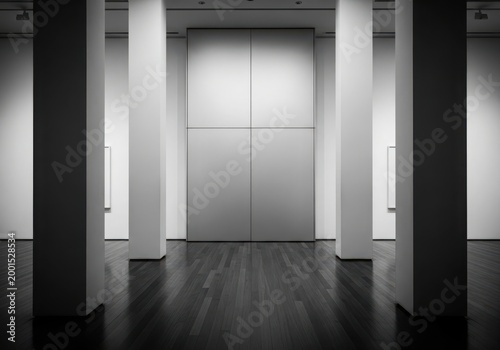 Empty modern art gallery interior with large doors and columns