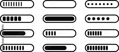 Loading and progress bar symbols, collection of animated style UI indicators including buffering lines download timeline and processing status icons.