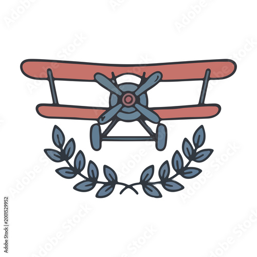 Vintage Biplane Illustration with Blue Laurel Wreath