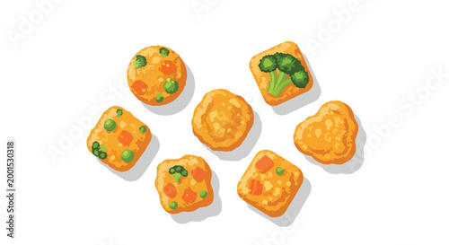 Healthy Vegetable and Chicken Nuggets Set with Broccoli Carrots and Peas Fried Snack Vector Illustration