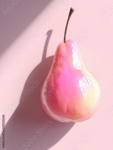 Glossy pink pear on pastel background with long shadow, minimal top view fruit concept for modern branding, social media and advertising design.