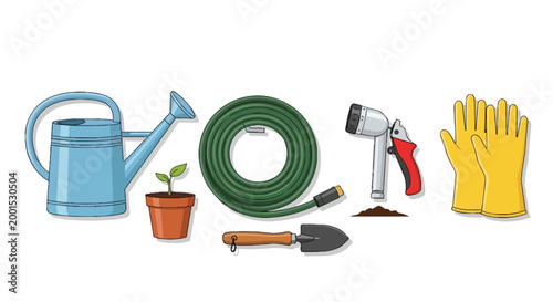 Gardening Tools Set Vector Illustration with Watering Can Hose Plant Pot Trowel and Gloves for Horticulture and Backyard Work