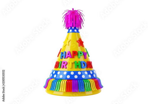 Colorful happy birthday party hat with yellow cone base and rainbow tassels for celebration occasion.